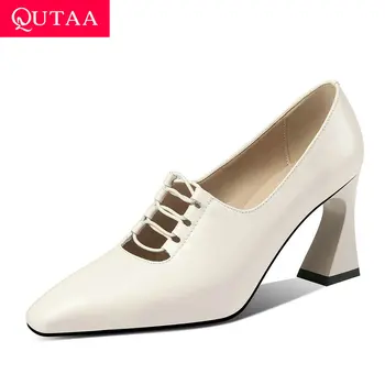 

QUTAA 2020 Elastic Band Retro Square Toe Slip on Women Single Shoes Strange Heel Cow Leather Cut Outs Ladies Pumps Size 34-39