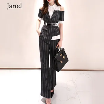 

summer fashion 2 piece Set Women Contrast Color Striped Notched Sashes slim Top & Flare Long Pants OL Office Wear Work 2020 Wome