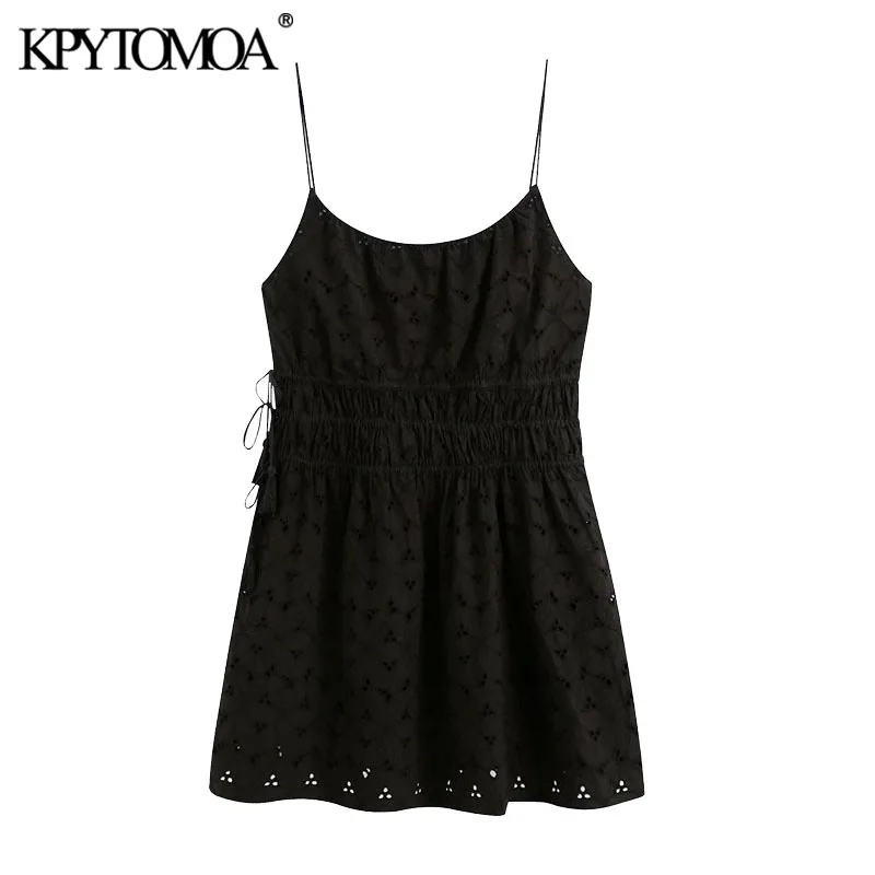 KPYTOMOA Women 2020 Chic Fashion Cutwork Embroidery Mini Dress Vintage Drawstring Tied Tassel Thin Straps Female Dresses Mujer KPYTOMOA Women 2020 Chic Fashion Cutwork Embroidery Mini Dress Vintage Drawstring Tied Tassel Thin Straps Female Dresses Mujer