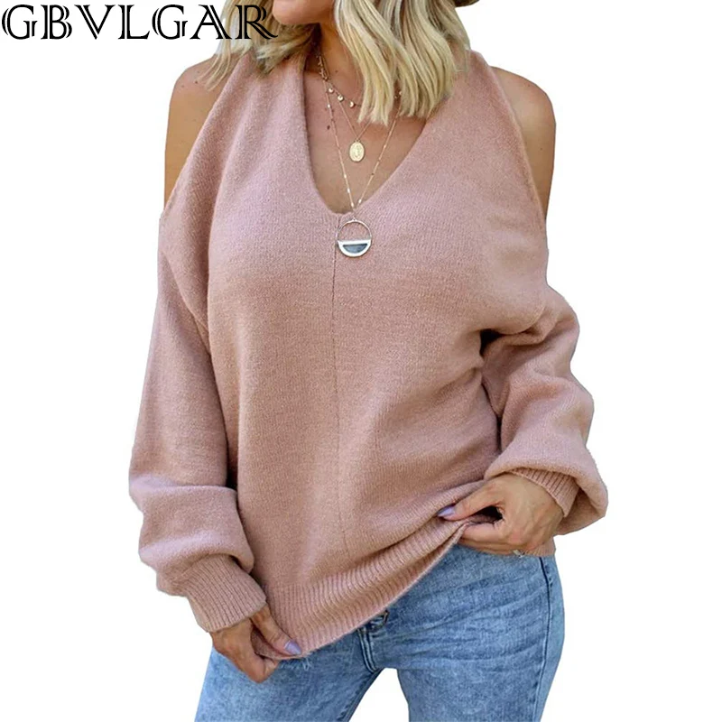 

Fashion Lantern Sleeve Solid Knit Pullover Autumn Winter V Neck Off Shoulder Sweater For Women Streetwear Female Cross Sweater