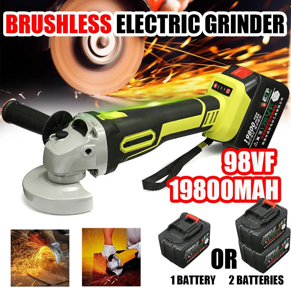 

19800mAh 128VF Protable Electric Angle Grinder Cordless Power Cutting Tool Lithium Battery Rechargeable Power Tool Grinder