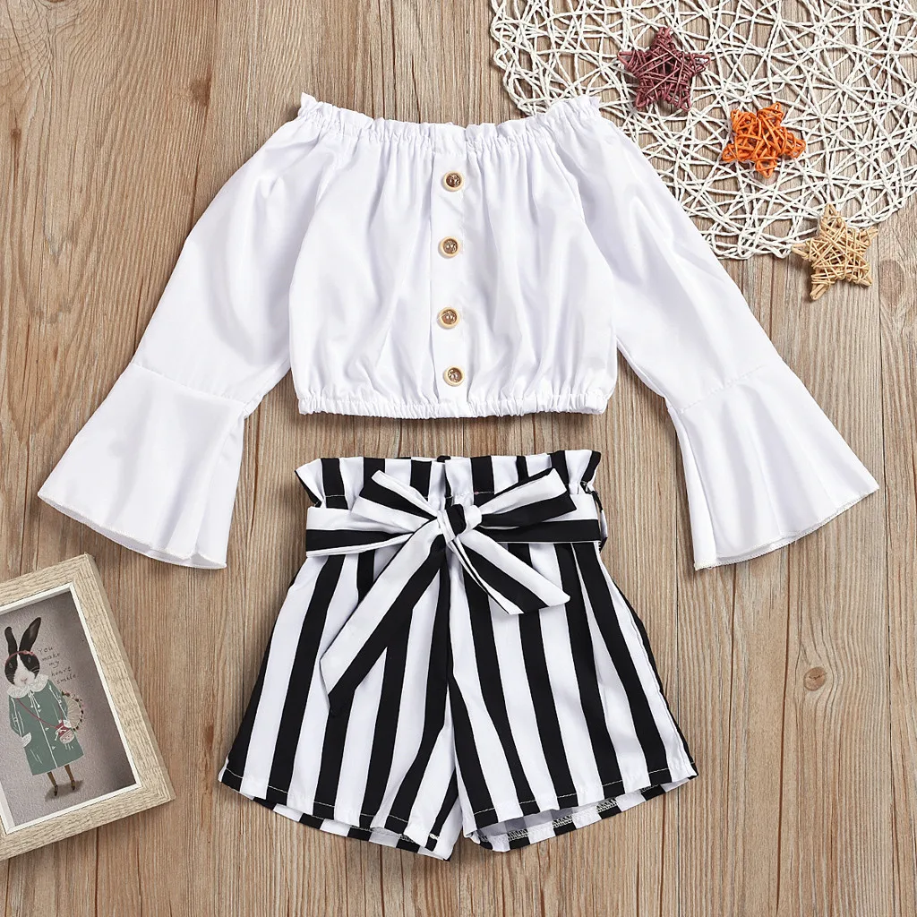  Girls Clothes New Fashion Kids Baby Girls Ruffle Off Shoulder T Shirt Tops Striped Shorts Outfits E