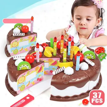 

37pcs Children's Cutting Toy Set Birthday Cake Celebratory Girl Cake Toy Blowing Candle Fruit Bunny Cake House Pretend Play Toy