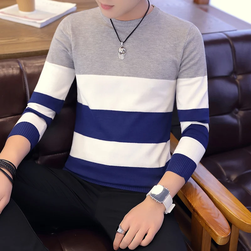

2020 Spring Autumn New Men Sweater Big Stripe Streetwear Casual Slim Fit Male Clothing Long Sleeve Knitted Pullovers O-Neck C252