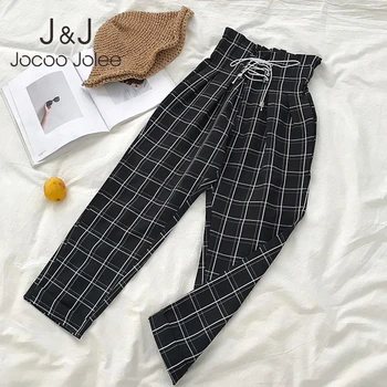 

Jocoo Jolee Women Casual Plaid Loose Ankle Length Pants 2019 Fashion Lace Up High Waist Japanese Harajuku Harem Pants New