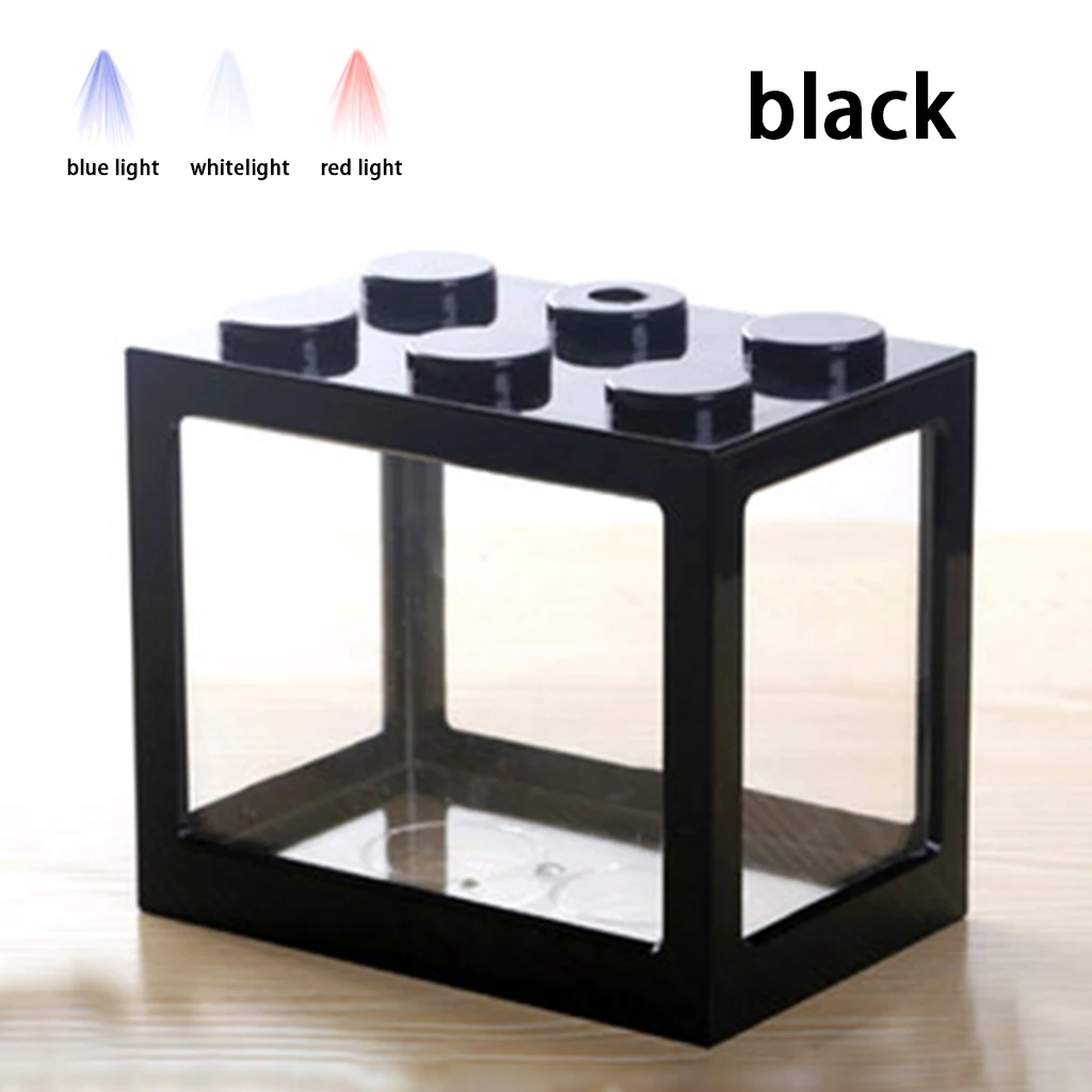blue light-black Прозрачный аквариум маленький настольный мини офис Золотая рыбка бои цилиндр грохот мини аквариум строительный блок аквариум - Цвет: blue light-black