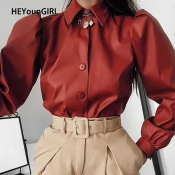 

HEYounGIRL Faux Leather Puff Sleeve Tee Shirt Women Elegant Korean Woman Tshirt Tops Turn-down Collar T-shirt Ladies Autumn