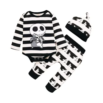 

0-24M Baby Halloween Clothing Baby Boy’s Clothes Unique Stripe Pattern Long Sleeve Jumpsuit Elastic Long Pants Hat 3Pcs Set