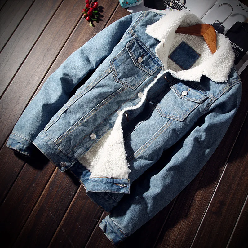 Зимняя джинсовая куртка для мужчин, трендовые толстые теплые флисовые пальто, верхняя одежда плюс бархатные шерстяные джинсовые куртки, мужская Ковбойская повседневная одежда, Размер 7XL - Цвет: light blue