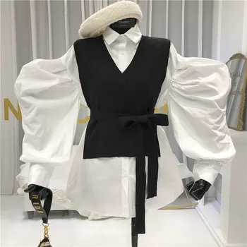 

2020 New Spring Fashion V Collar Tie Waist Knitted Vest + Lantern Sleeve Loose Shirt Two-piece Set Woman Blouse Casual Top Set