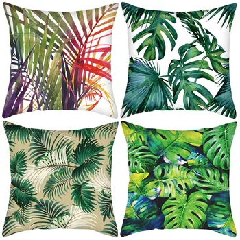 

4Pcs/Set Tropical Plant Leaf Cushion Covers Green Leave Monstera Hibiscus Flower Cushion Cover Decorative Linen Pillowcase