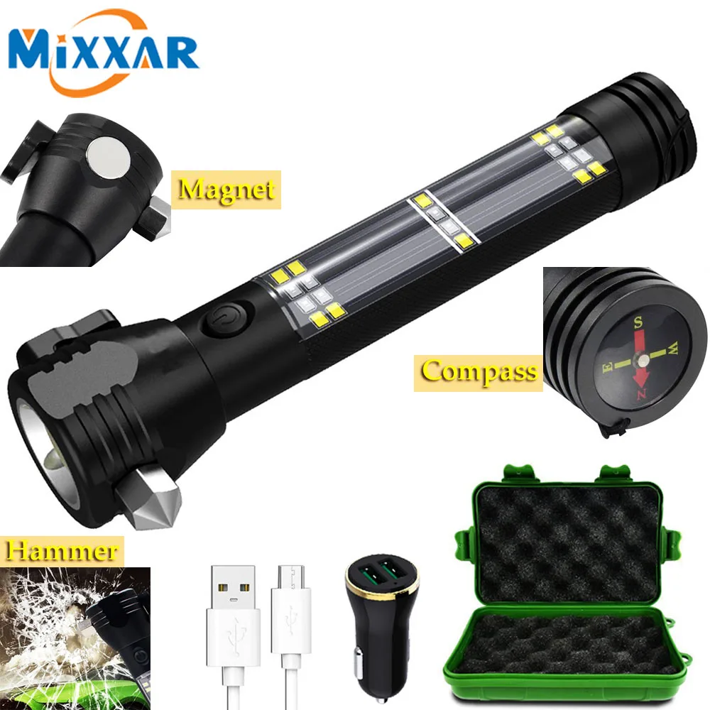 Dropship Car Flashlight Solar Flashlight USB Rechargeable Tactical 7 Mode Multi function Torch bright Compass Power Bank Magnet|LED Flashlights| - AliExpress