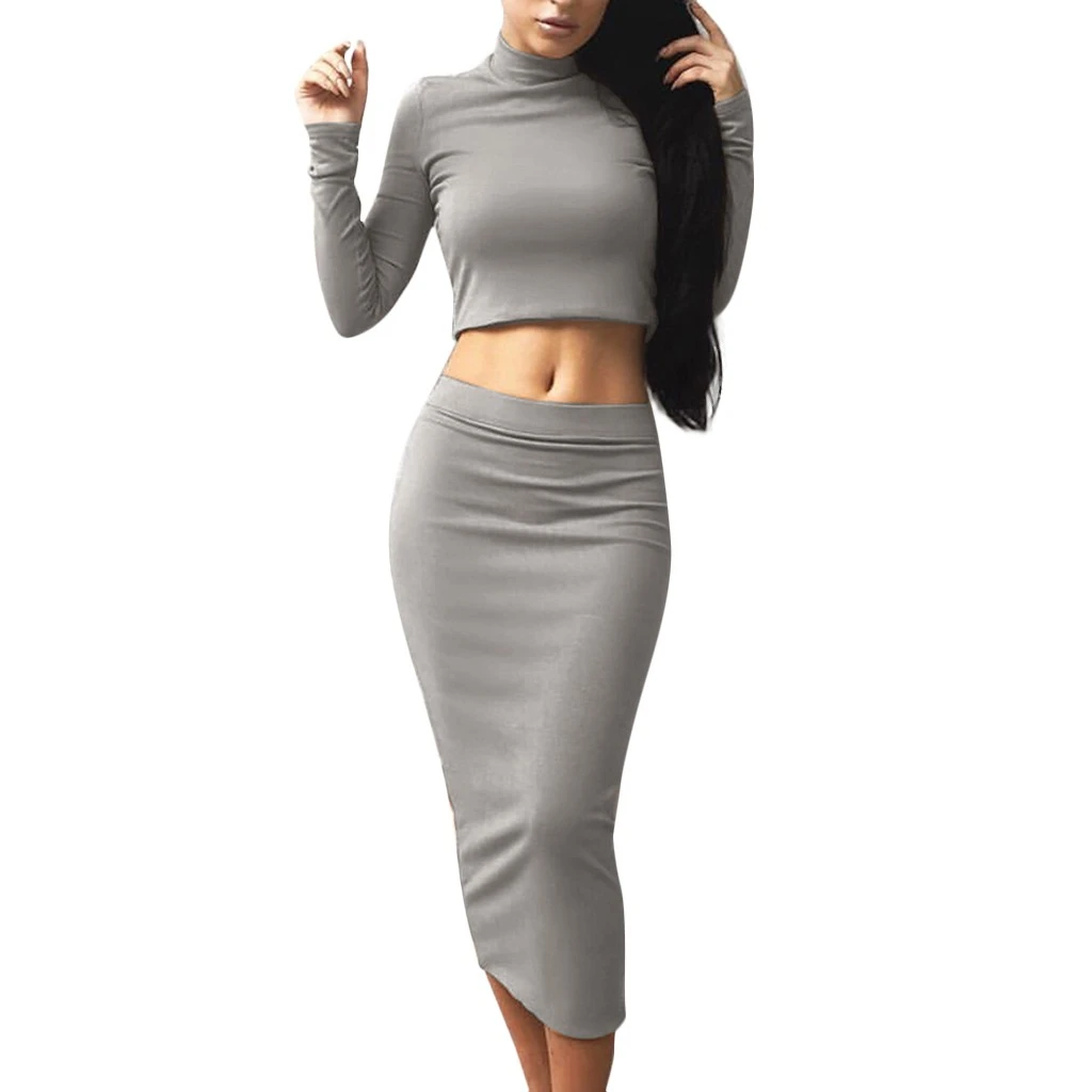 GY New Mid-Calf Dress Women Autumn O-Neck High Collar Long Sleeve Solid Sexy Two-Piece Tops And Skirt Suit Girl Ladies 729 - Цвет: GY