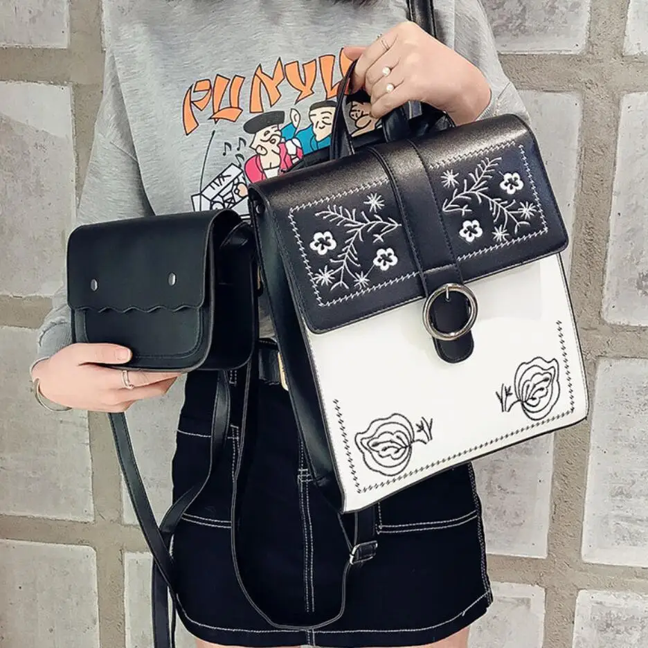 

School Backpacks Style Fashion Women Backpack 2018 PU Leather Embroidered Shoulder bag Teenage Girl High Quality Travel Rucksack