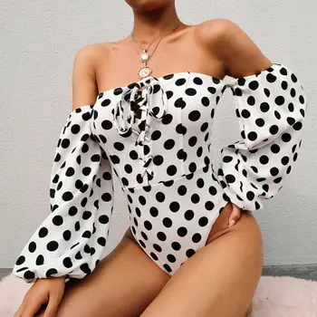 

Off Shoulder Long Sleeve Bodysuit Women Sexy Bandage Bodies Ladies Backless White Body Womens Dot Printed Jumpsuits