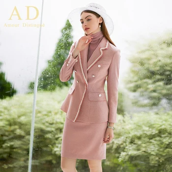 

New Autumn Women Suit Office Set Elegant Vintage Double Breasted Blazer Jacket and Mini Skirt Fall 2 Piece Lady Formal Work Wear
