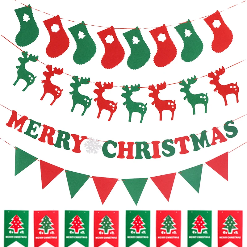 Merry Christmas Banner Paper Garland Elk Boots Flag Xmas Party