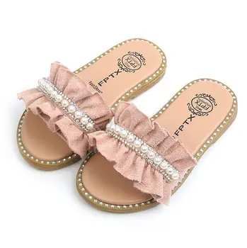 

Fashion Leather Solid Rhinestone Pearl Princess Slippers Sandals Childrens Girls Kids Soft Bottom Beach Sandals