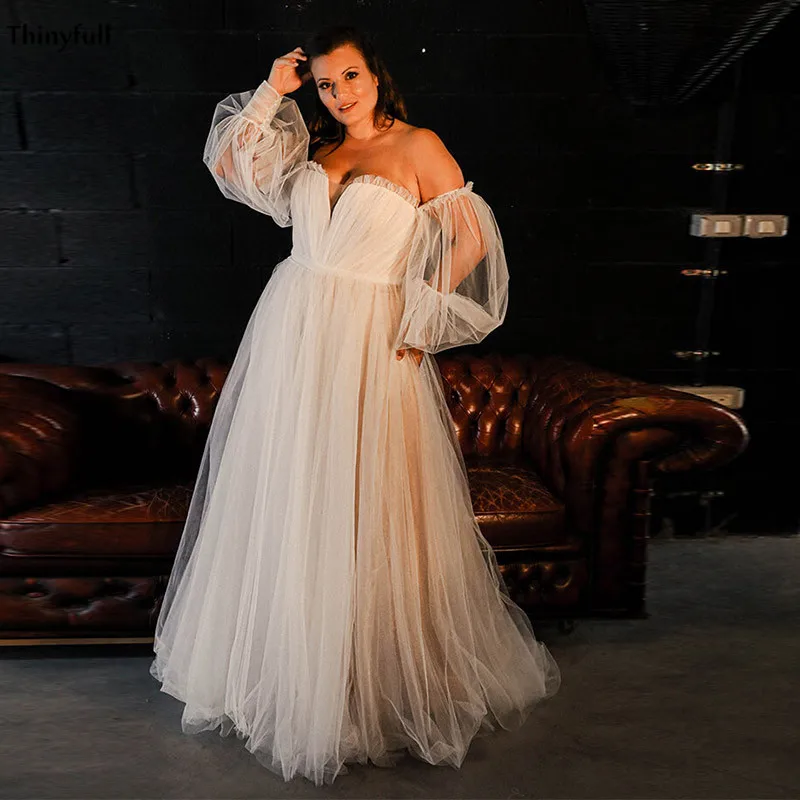 

Thinyfull Full Puffy Sleeves Plus Size Wedding Dresses Off The Shoulder A-Line Country Boho Mariage Gowns Vestidos De Novia