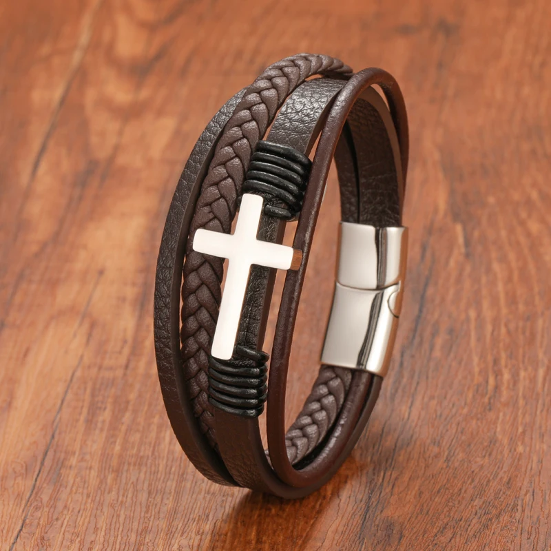 Fashion Multi Layer Stainless Steel Clasp Coffee Cross Leather Bracelet for Men Women Classic Christian Prayer Christmas Gift - Image 3
