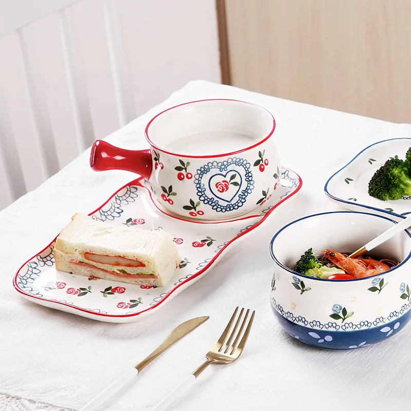 

KINGLANG Cherry Ceramic Bubble Noodles Bowl With Plate Set Good-Looking Simple Breakfast Tableware Set Cereal Bowl