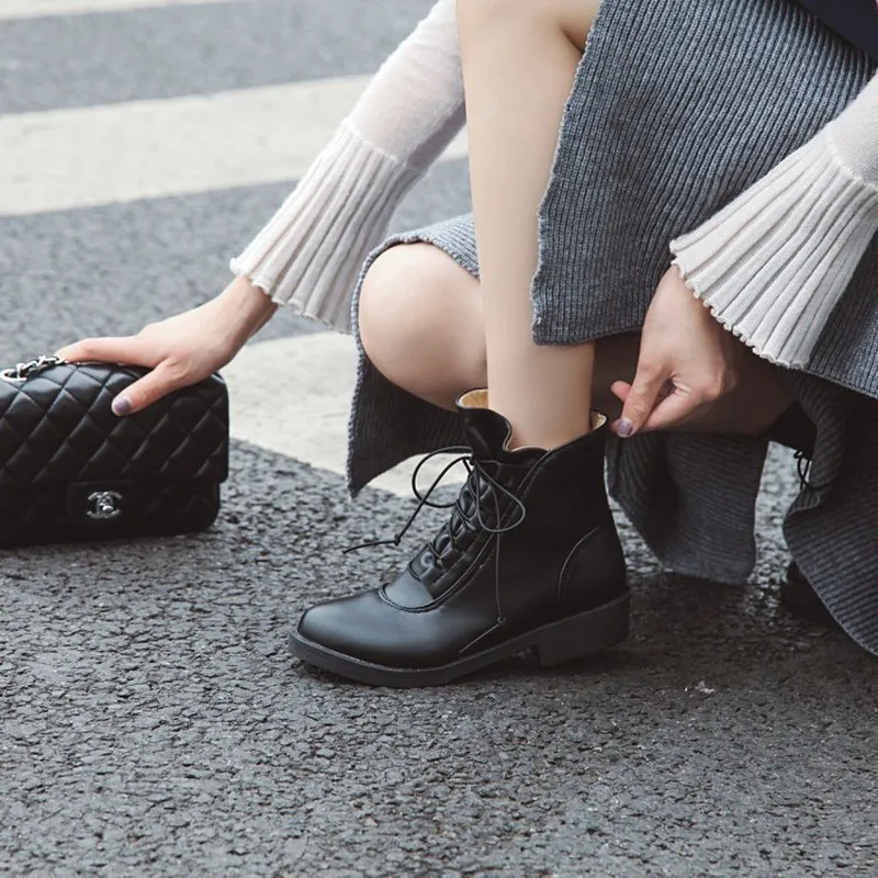 

women ankle boots chunky low heels pumps shoes woman chaussure lace up PU leather gladiator booties wxz102