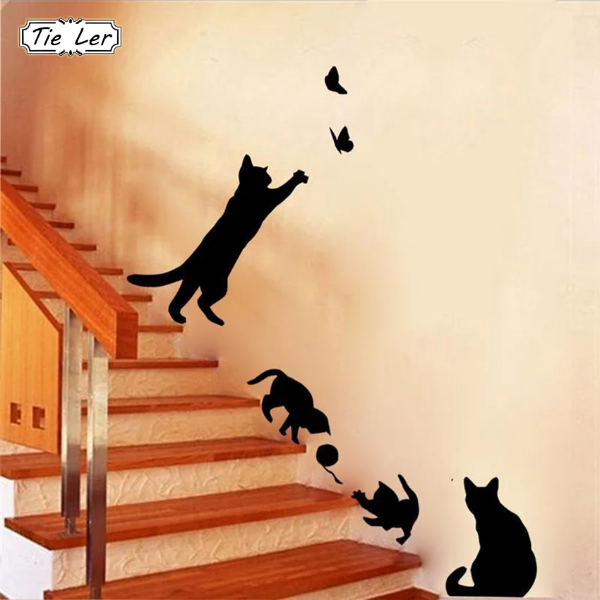 1 Set/Pack New Arrived Cat play Butterflies Wall Sticker Removable Decoration Decals for Bedroom Kitchen Living Room Walls