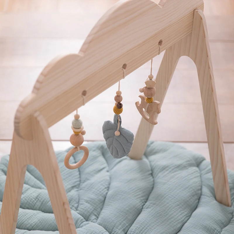 Baby Wooden Teether Gym Play Toys Cotton Leaves Mat Natural Wooden Rodent Stroller Chain Hanging Baby Toy Mobile Bed Holder Gift