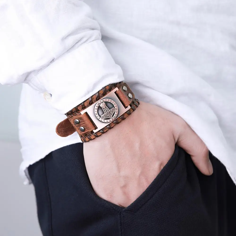 Skyrim Thor Hammer Genuine Leather Bracelets Men Holy Patron 24 Nordic Runes Amulet Button Snap Slavic Bracelet Bangle bangle bracelet leather bracelet leather bracelets