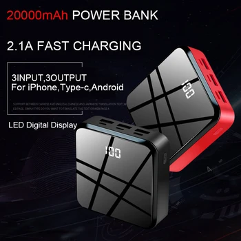 

20000mAh Mini Power Bank Full Mirror Screen LED Digital Display Powerbank Three Input and 3 Output 2.1A Fast Charger Poverbank