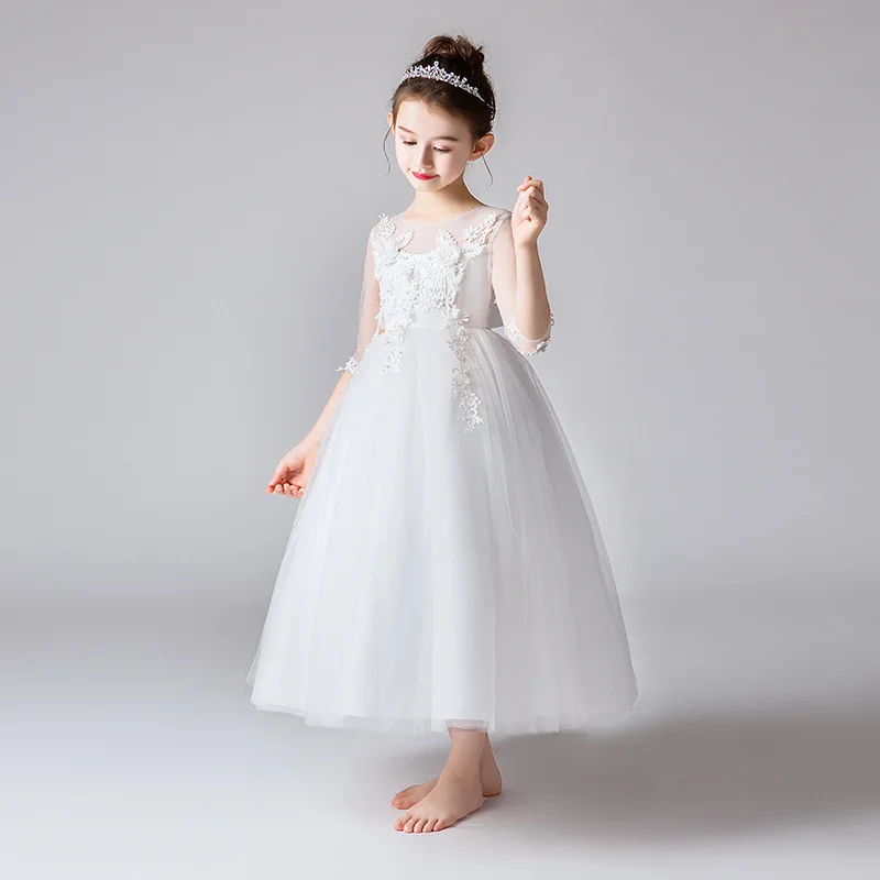 Skyyue платье с цветочным узором для девочек для свадьбы однотонное кружевное платье с цветочным рисунком из тюля резервуар в виде шара; Длинные вечерние платье для причастия, платье принцессы CK2918 - Цвет: White