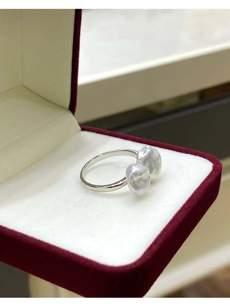 2021 Summer Female Pearl Ring Baroque Pearl Open Ring Adjustable Ring Setting Double Bead Ring Simple Female Ring Woman's Jewelr