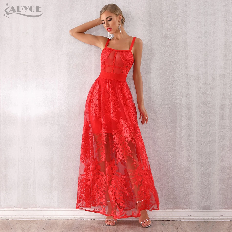 

Adyce 2019 New Arrivals Women Red Sexy Spaghetti Strap Bodycon Dress Lace Sleeveless Maxi Dress Celebrity Party Dress Vestidos