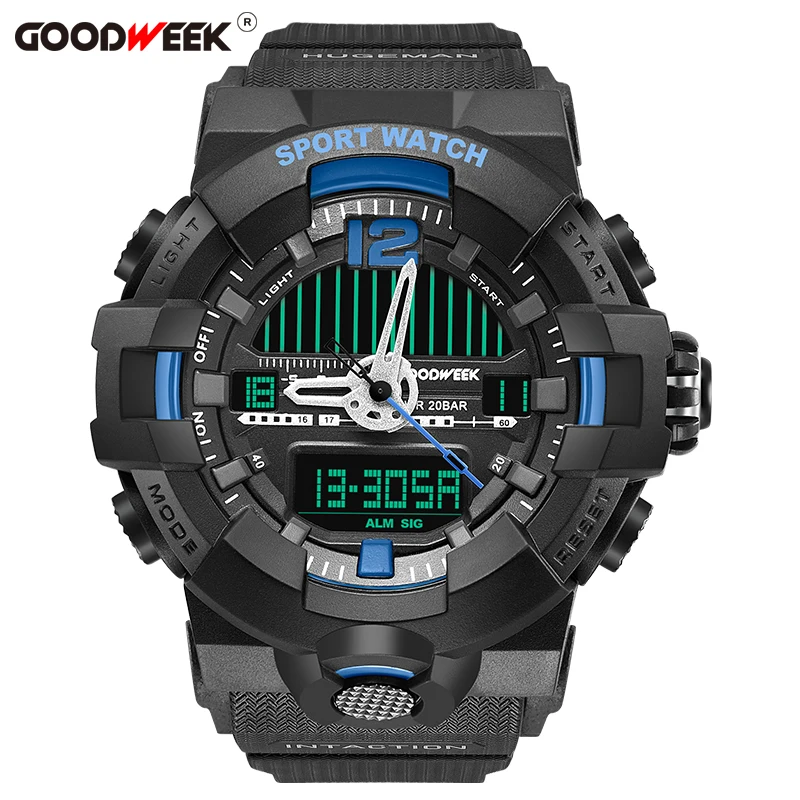 blackblue GOODWEEK мужские спортивные часы водонепроницаемые военные часы с двойным дисплеем мужские часы аналогово-цифровые кварцевые наручные часы - Цвет: blackblue