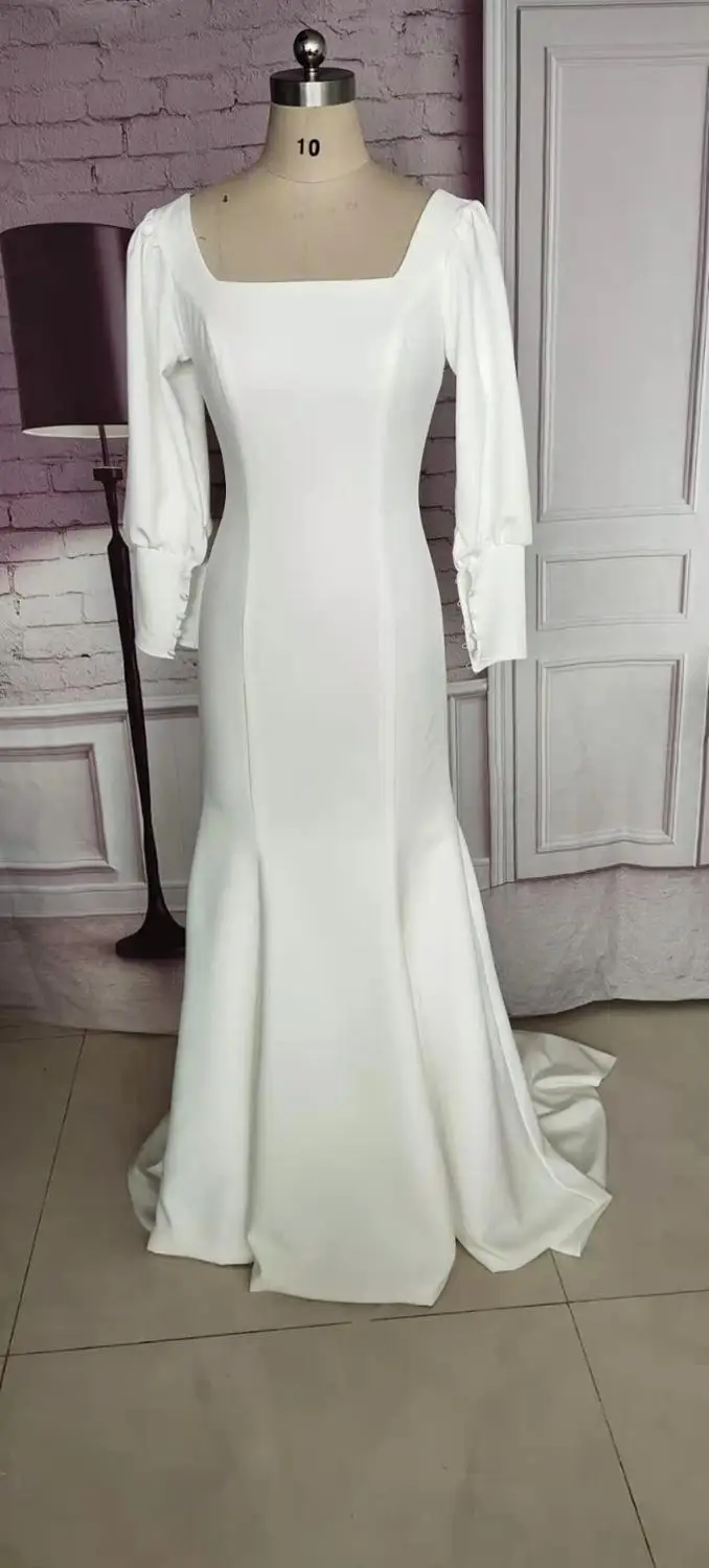 

Vintage Long Sleeve Mermaid Square Wedding Dresses Custom Ivory Stretchy Satin Floor Length Zipper Back Bridal Gowns for Women