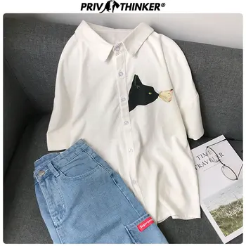 

Privathinker Men's Summer Cotton Linen Shirts 2020 Korean Cat Printed Men Harajuju Short Sleeve Blouse Male Casual Shirts