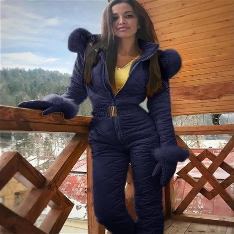 Winter Outdoor Fashion Ski Suit Jacket Hoodie Outdoor Sports One-Piece Suit Zip Women Ski Suit One Piece Jumpsuit Straight Pants