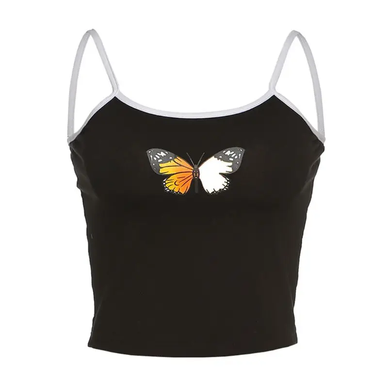 

Women Summer Sexy Sleeveless Crop Top Butterflies Graphic Print Short Basic Camisole Spaghetti Straps Stretch Casual Sling Vest