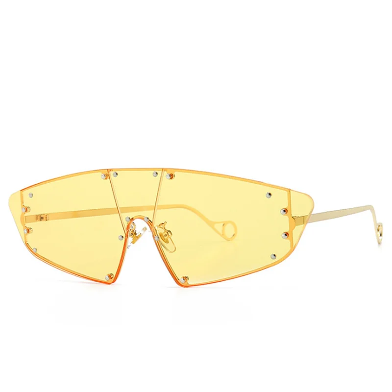 Oulylan цельные негабаритные Солнцезащитные очки женские винтажные без оправы Солнцезащитные очки «кошачий глаз» мужские фирменные дизайнерские очки с заклепками UV400 - Цвет линз: Цвет: желтый