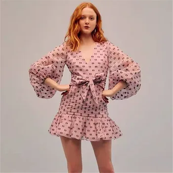 

Autumn 2019 Mini Dress Sexy Celebrity Dot Bow V Neck Women Pink Full Patchwork Print Night Club Body con Party Dresses Wholesale