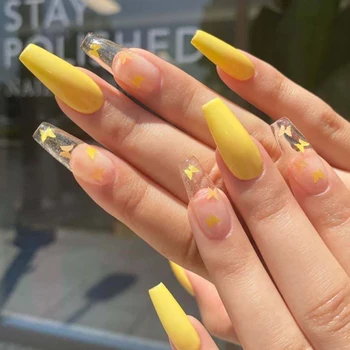 

24pc/Set Long Ballerina Fake Nails Yellow Butterfly Pattern Square Nail Decal False Nails Coffin Shaped Full Nail Tips with Glue