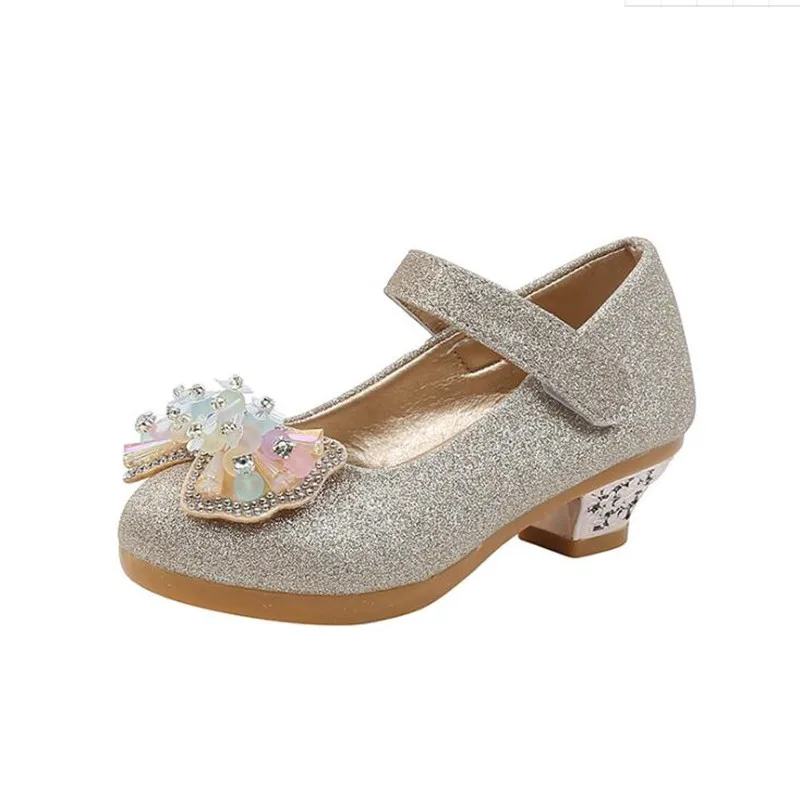 

Girl's Leather Shoes High Heels 2021 Show Crystal Single Shoes Dress Model Catwalk Bow Princess Shoes Toddler Prom Shoe