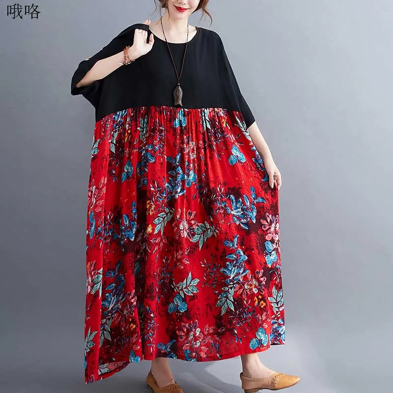 

Plus Size For Women Crane Dress 2020 Summer Ethnic Style Dress Oversized Cotton And Linen Printing 3XL 4XL 5XL Ladies Dresses