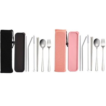 

2 Set Portable 6 Pieces Flatware Set,Reusable 304 Stainless Steel Durable Travel Cutlery Set - Pink & Black