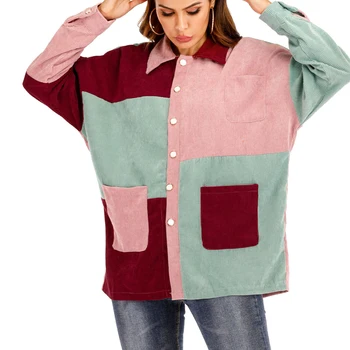 

Color Patchwork Corduroy Lady Coat Autumn And Winter Long-sleeved Lapel Pocket Buttons Lady's Coat Cardigan Jacket