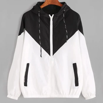 

Women Hooded Basic Jackets Female Zipper Pockets Casual Long Sleeves Coats Autumn Hooded Jacket Two Tone Windbreaker Jacket