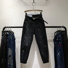 Европейские черные джинсовые штаны с высокой талией и вышивкой, женские весенне-осенние новые свободные штаны для папы, шаровары