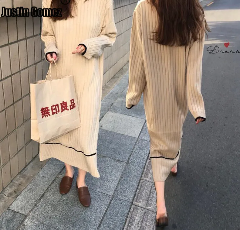 

Korean Long Loose Dress Sweater for Streetwear Women Female Knitting Outwear Tops Winter Clothes Long Sleeve Woman Pullover Coat