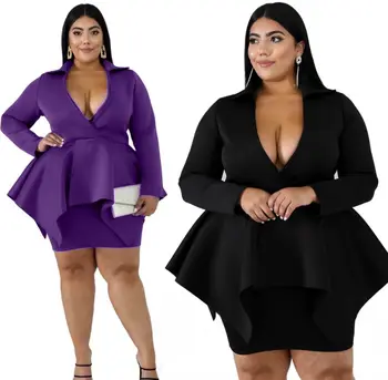 

Purple black office lady dress for woman A016 V neck ruffles pleated 3XL 4XL female formal work dress plus big size 5XL 6XL