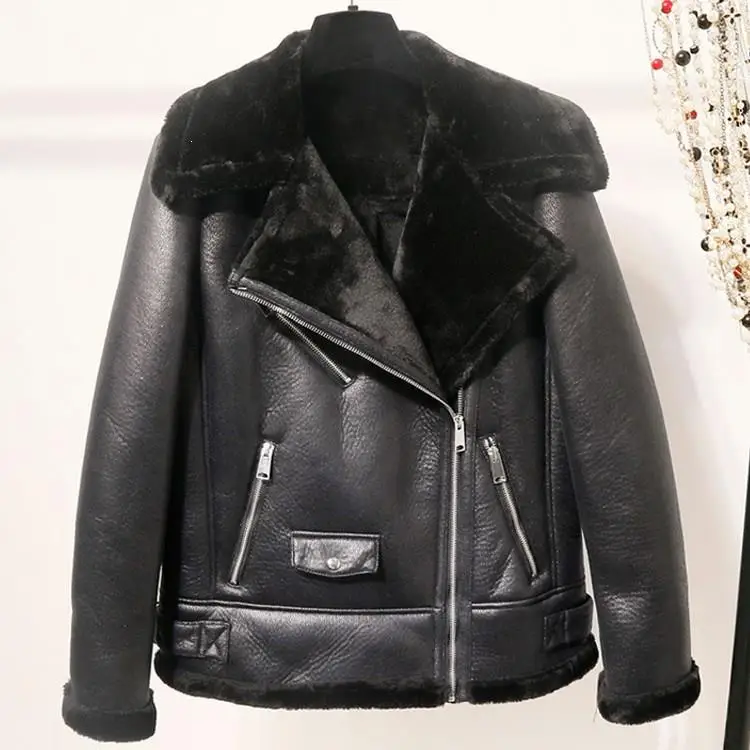 

2019 Winter Warm Suede Leather Jacket Women Zipper Thick Warm Lamb Wool Coat Casual Motorcycle Jacket Loose Outwear